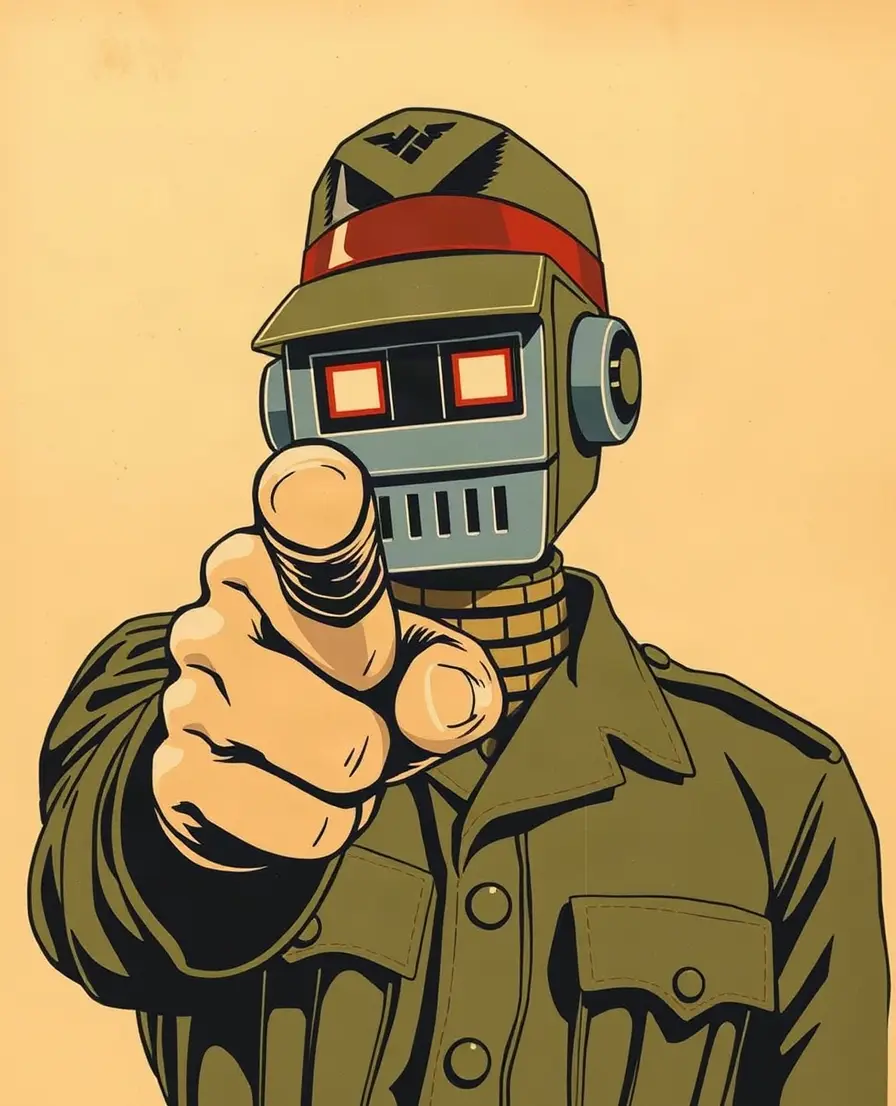 Recruitment poster: a robot drill sergeant with a terminal-screen face points straight at you.