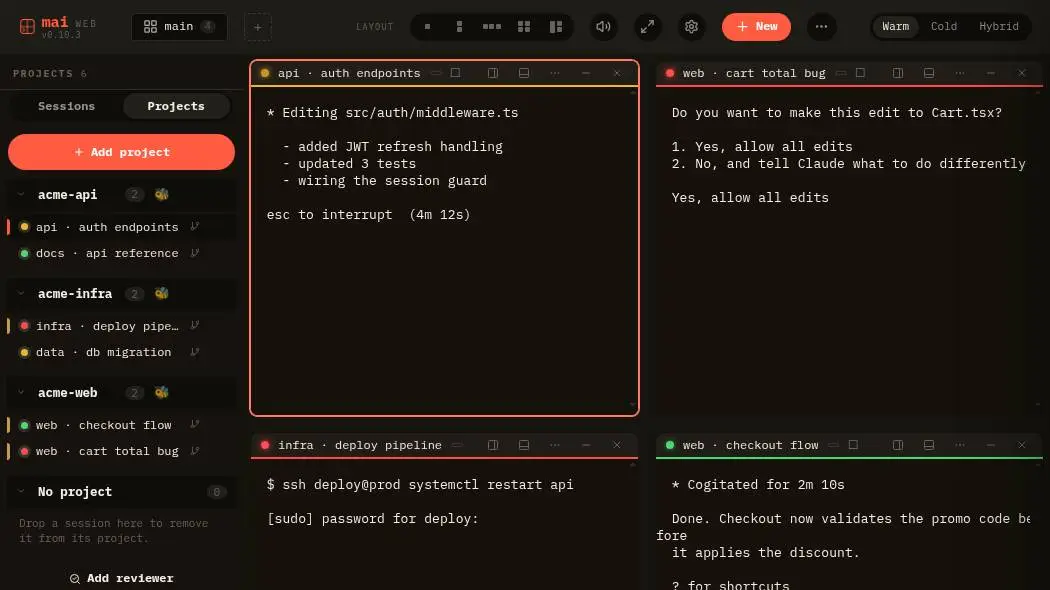 The mai workspace: several agent sessions side by side in one window.